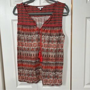 Lucky Brand Wm L Sleeveless Patterned Top tassels V neck tribal pattern boho